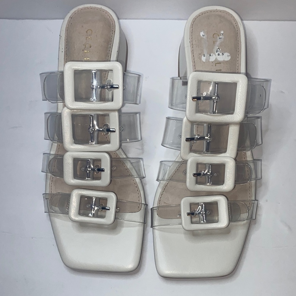 CECELIA NEW YORK White Slide Sandals with Clear Straps and Square Buckles